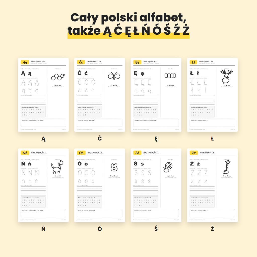 Karty pracy z polskimi literami Ą Ć Ę Ł Ń Ó Ś Ż