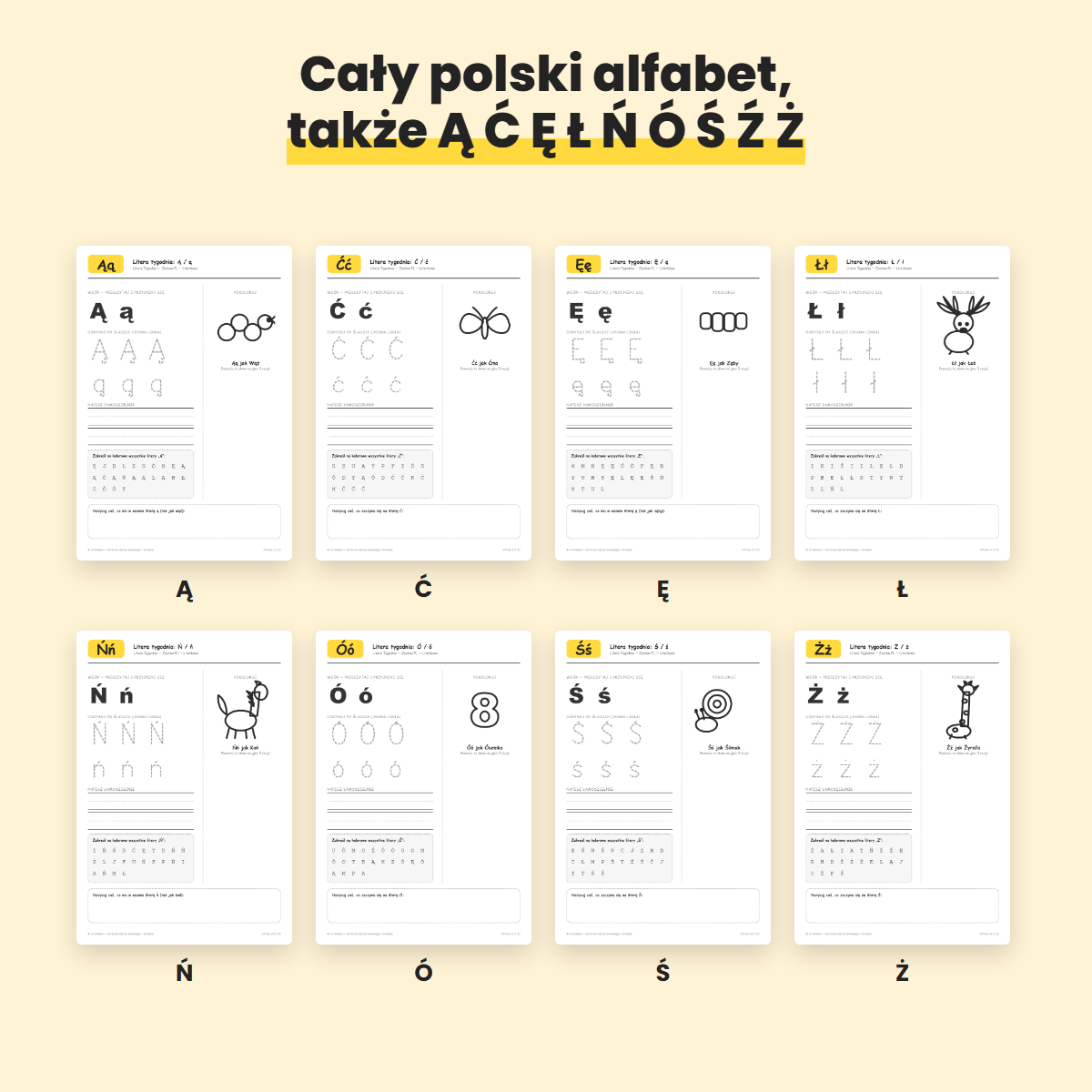 Karty pracy z polskimi literami Ą Ć Ę Ł Ń Ó Ś Ż