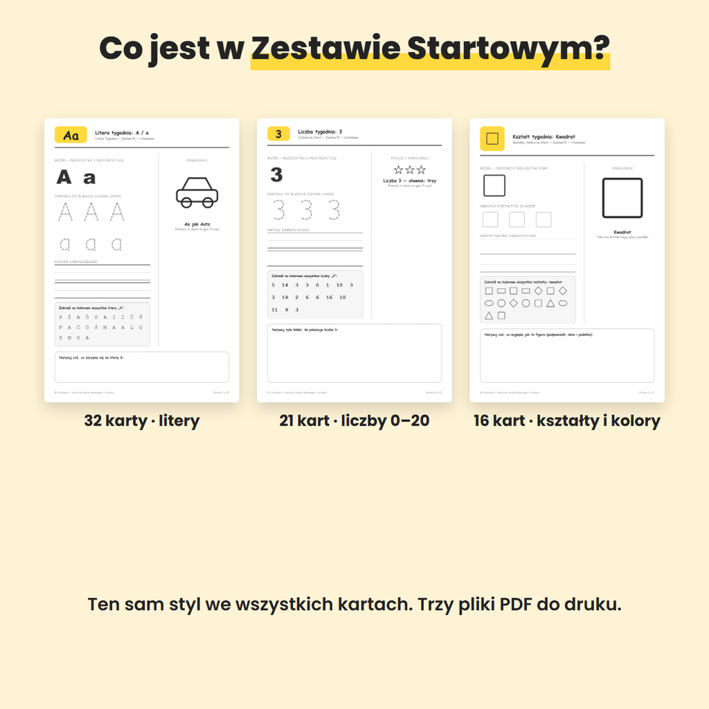 Przykładowe karty z Zestawu Startowego: litera A, liczba 3, kwadrat