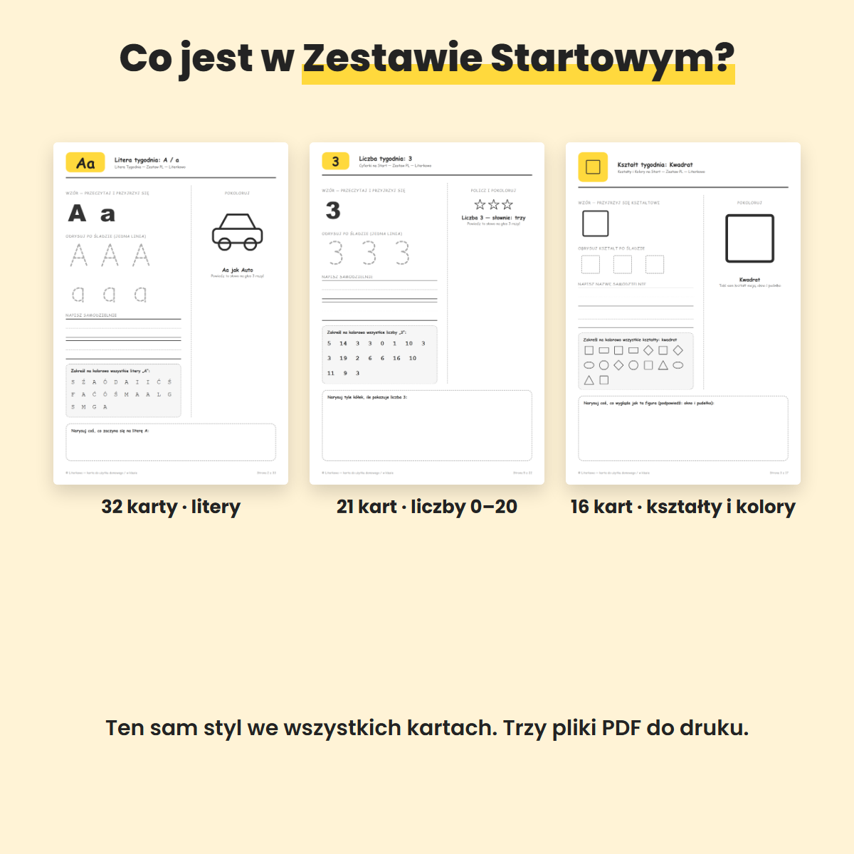 Przykładowe karty z Zestawu Startowego: litera A, liczba 3, kwadrat