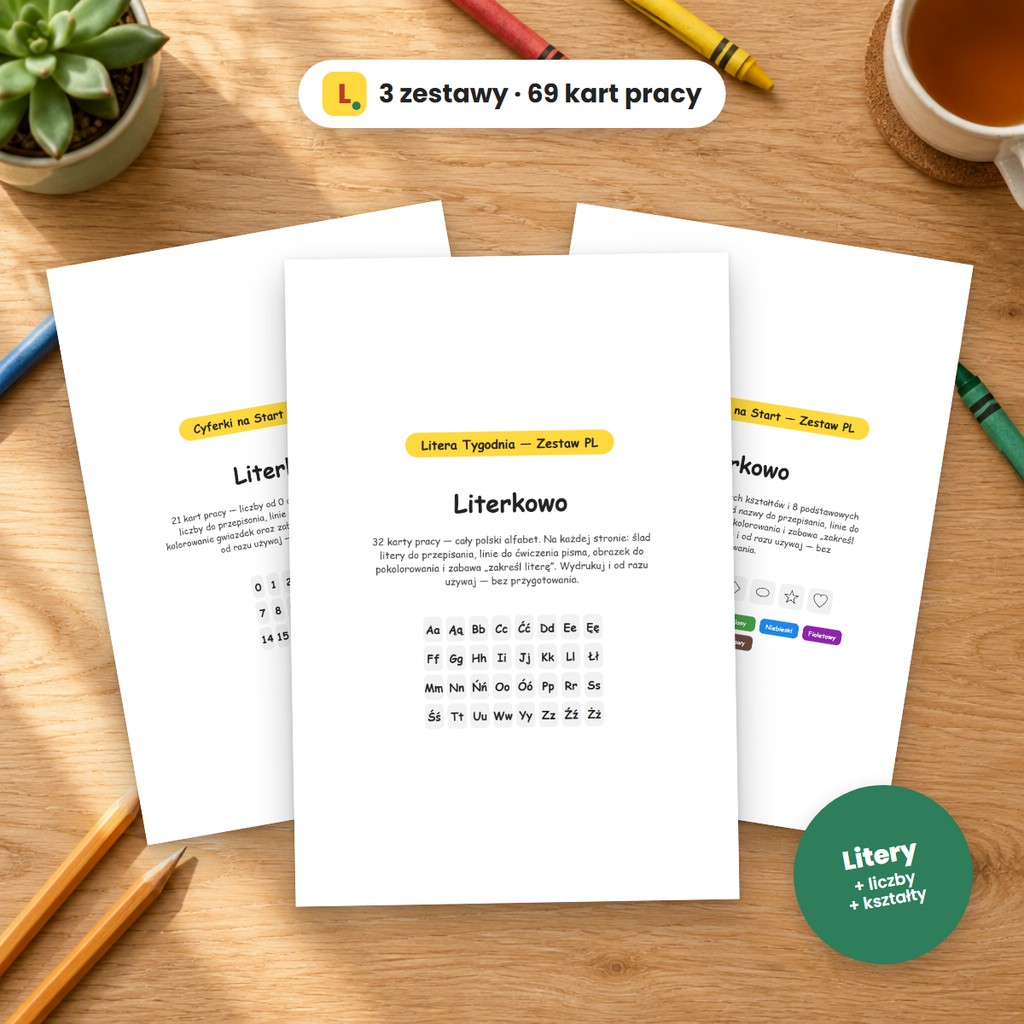 Zestaw Startowy Literkowo: litery, liczby, kształty i kolory, 69 kart pracy