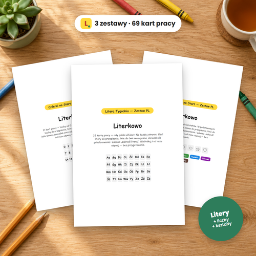 Zestaw Startowy Literkowo: litery, liczby, kształty i kolory, 69 kart pracy