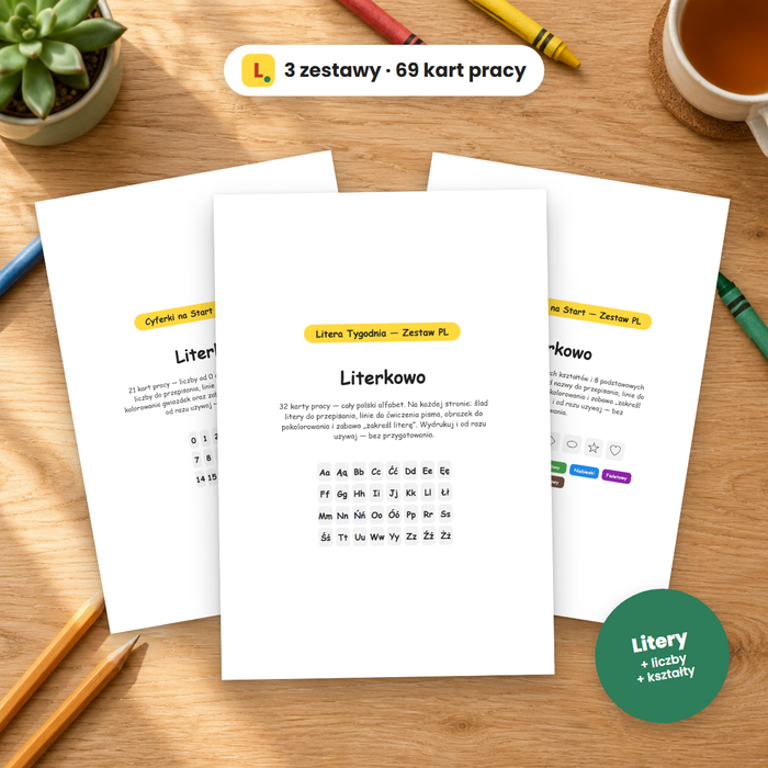 Zestaw Startowy Literkowo: litery, liczby, kształty i kolory, 69 kart pracy