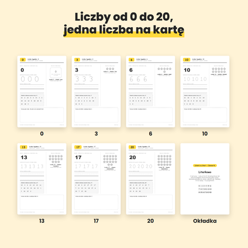 Przykładowe karty z liczbami 0, 3, 6, 10, 13, 17 i 20
