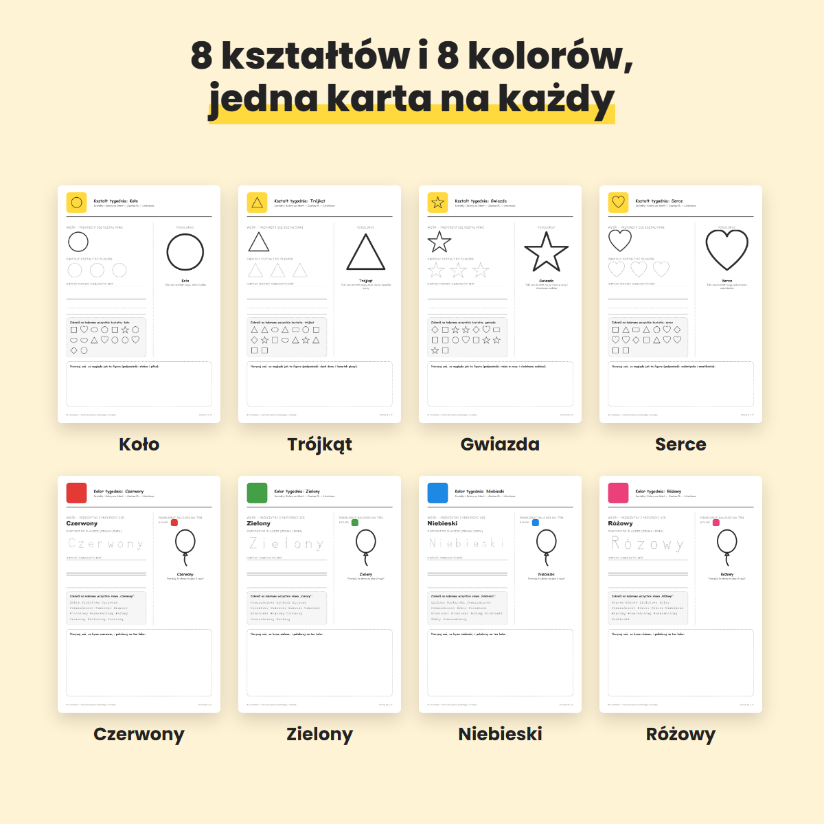 Przykładowe karty z kształtami i kolorami