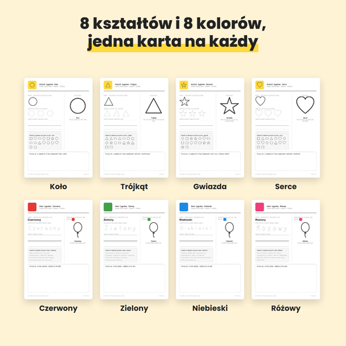Przykładowe karty z kształtami i kolorami
